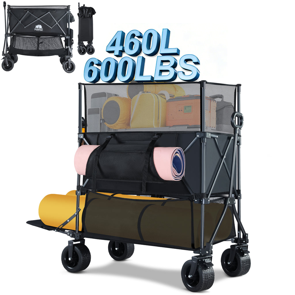 460L Folding Wagon Cart, Heavy Duty Double Decker Wagon, 600 lbs Capacity | 50" Extended Storage, Height Extension Nets & All-Terrain Wheels for Camping, Beach, Fishing and Outdoor Adventures