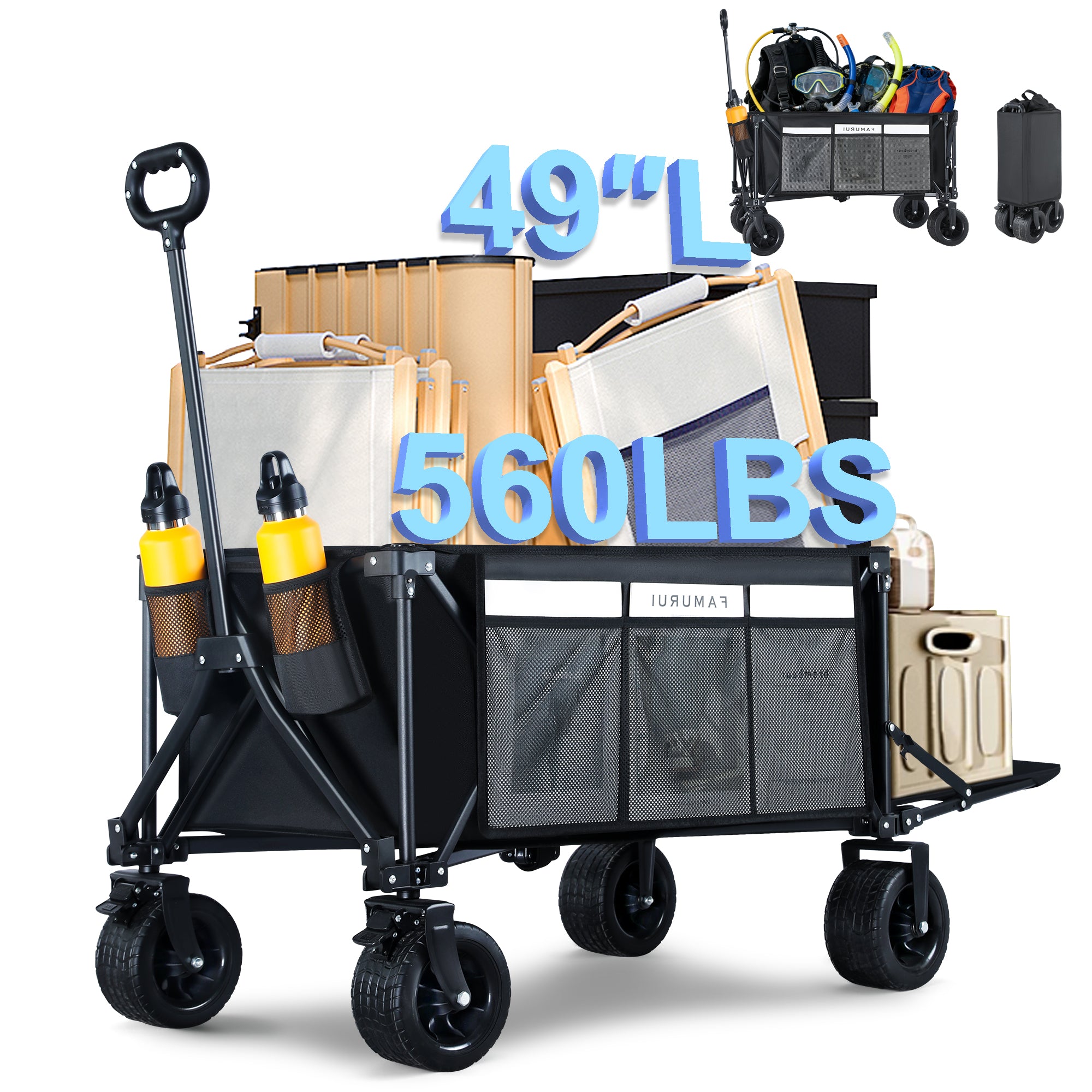 BARWING 50-inch Extra Long Folding Wagon Cart, Heavy Duty, Black