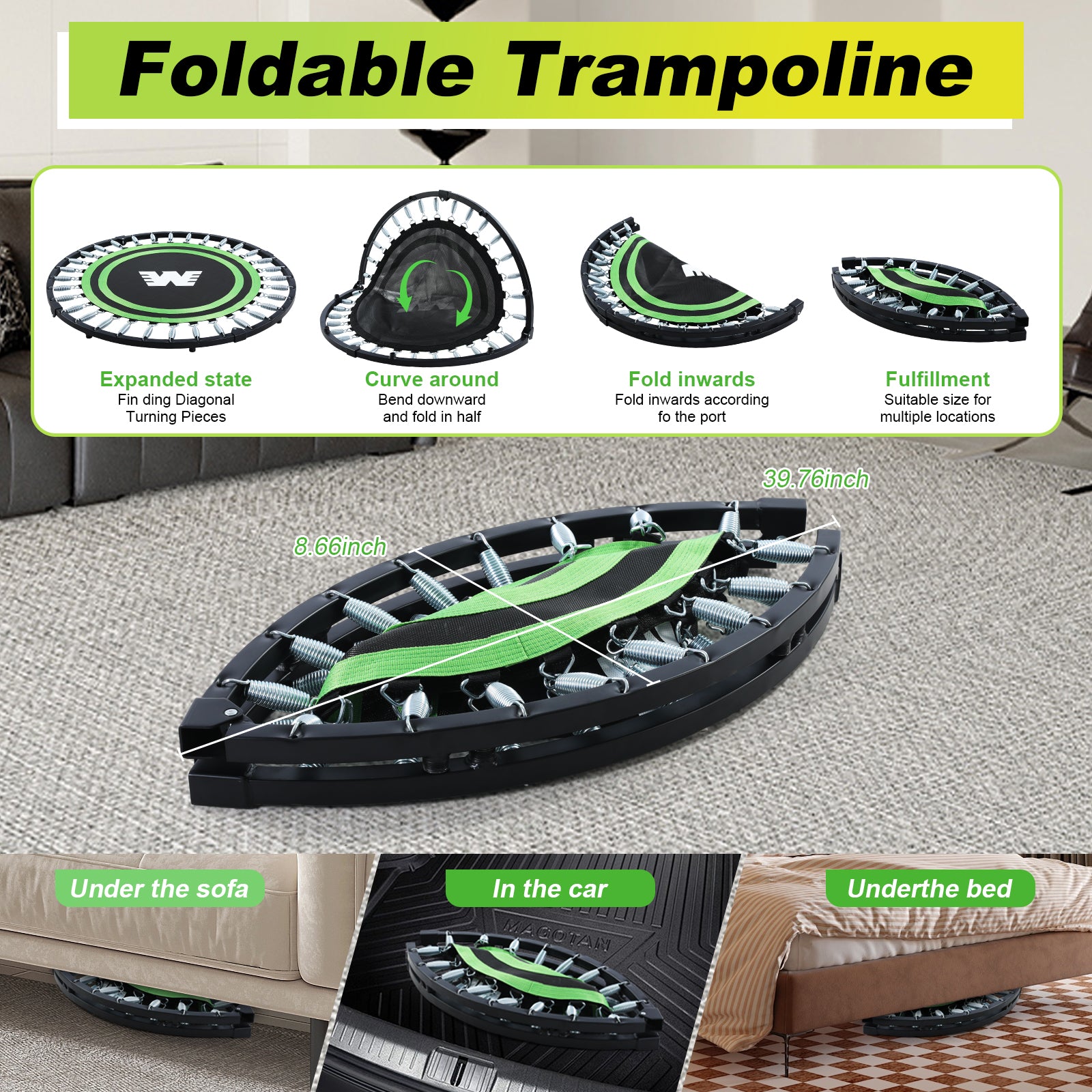 Indoor Foldable Fitness Trampoline for Adults, Silent Spring Mini Rebounder, Home Cardio Fat Burning Workout Jump Trampoline