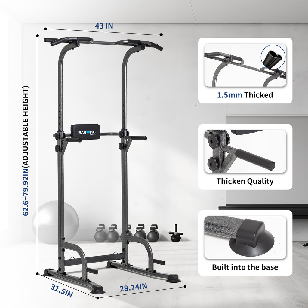 BARWING Pull Up Bar Station, Power Tower, Dip Station with 3D Backrest, Multi-Function Strength Training Stand Rack, Adjustable Height Dip Bar for Home Gym Workout Stand Fitness Exercise Equipment