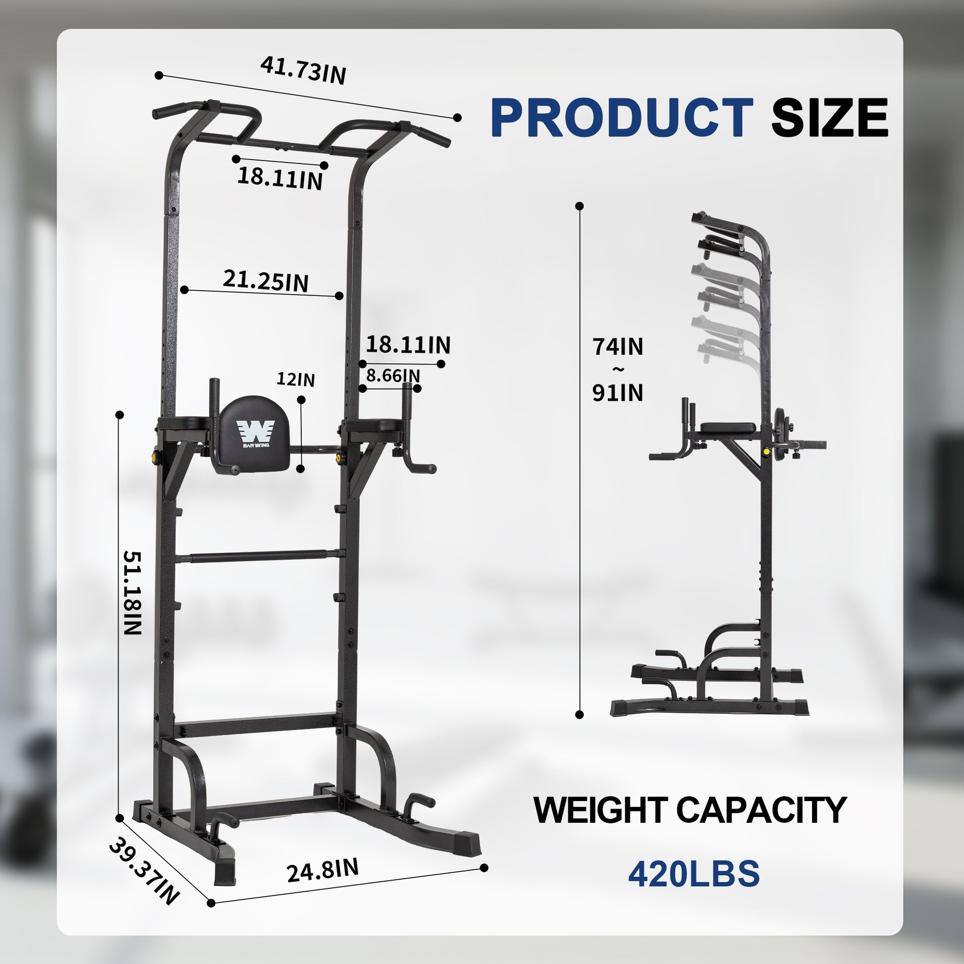 BARWING Power Tower Pull Up Bar Station Adjustable Height Dip Bar Station for Home Gym Strength Training Workout Equipment 550LBS