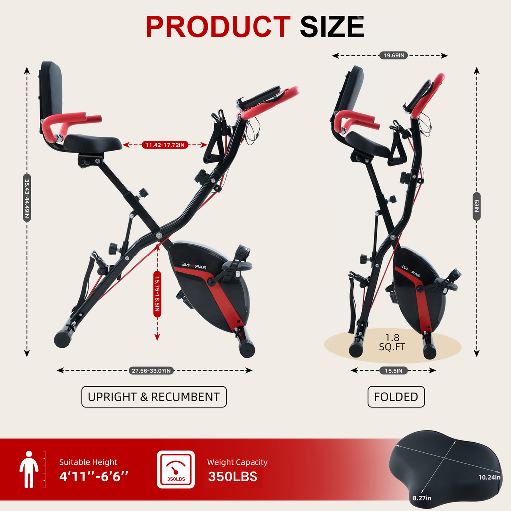 BARWING Stationary Exercise Bike for Home Workout,5 IN 1 Foldable Indoor Cycling Bike，350LB Capacity, 16-Level Magnetic Resistance