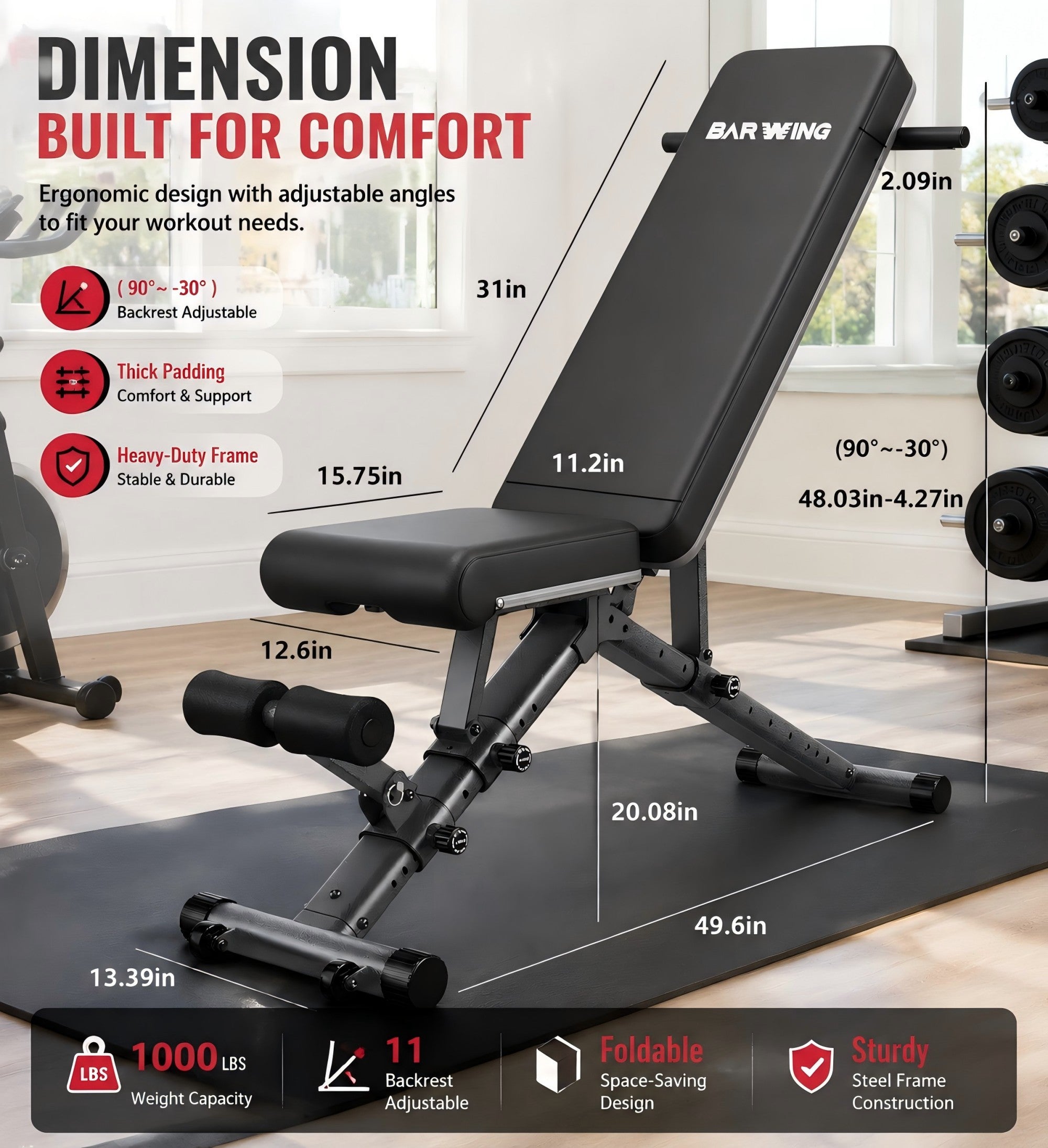 BARWING Adjustable Weight Bench Workout Bench, 800 LB Heavy Duty Incline Decline Bench for Home Gym, Easy Assembly Foldable Training Lifting Bench, Ultra Short Gap 2024 New Version