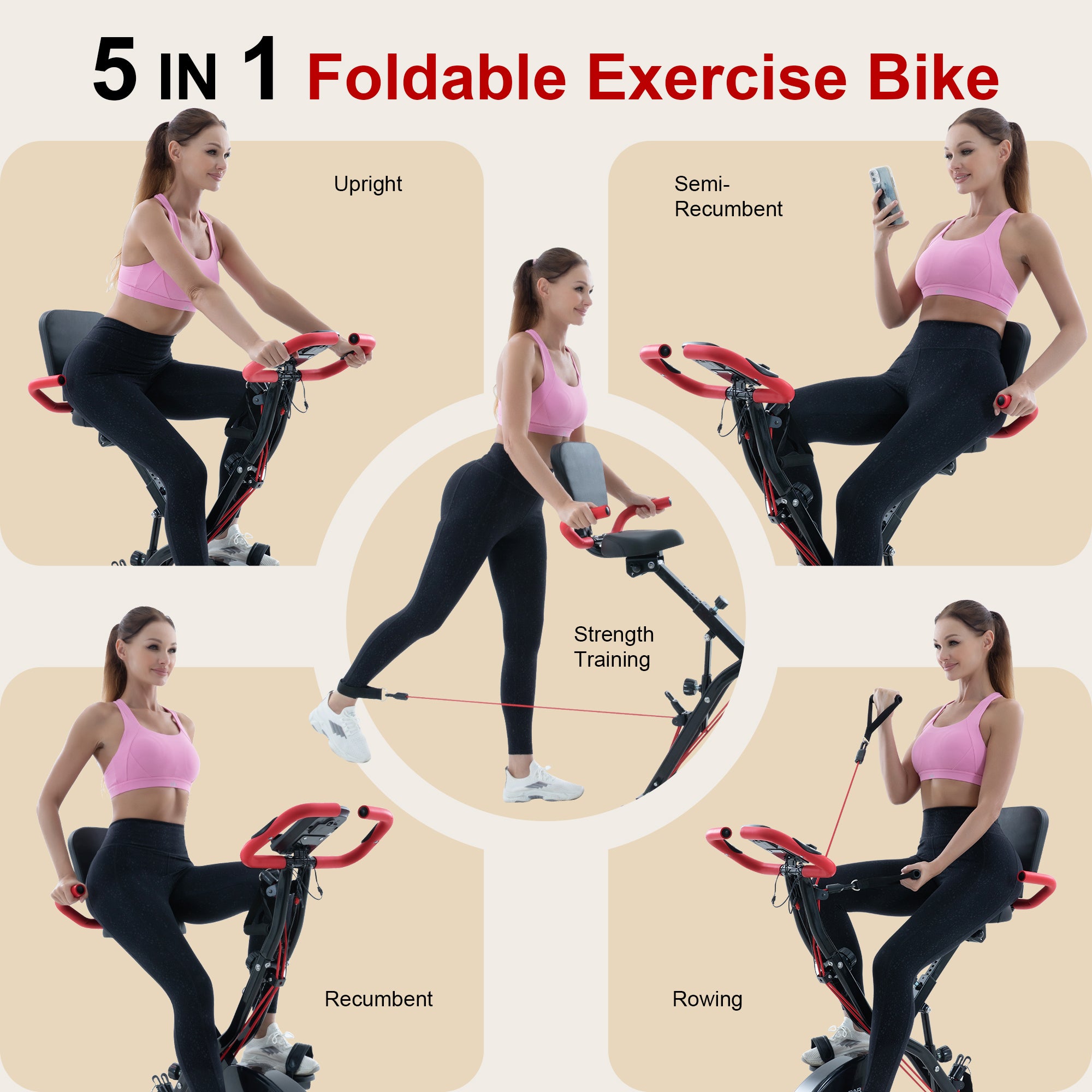 BARWING Stationary Exercise Bike for Home Workout,5 IN 1 Foldable Indoor Cycling Bike，350LB Capacity, 16-Level Magnetic Resistance