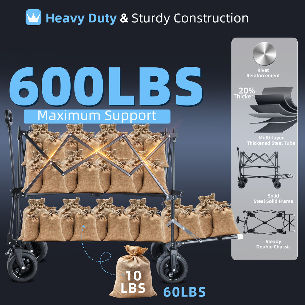 460L Folding Wagon Cart, Heavy Duty Double Decker Wagon, 600 lbs Capacity | 50" Extended Storage, Height Extension Nets & All-Terrain Wheels for Camping, Beach, Fishing and Outdoor Adventures