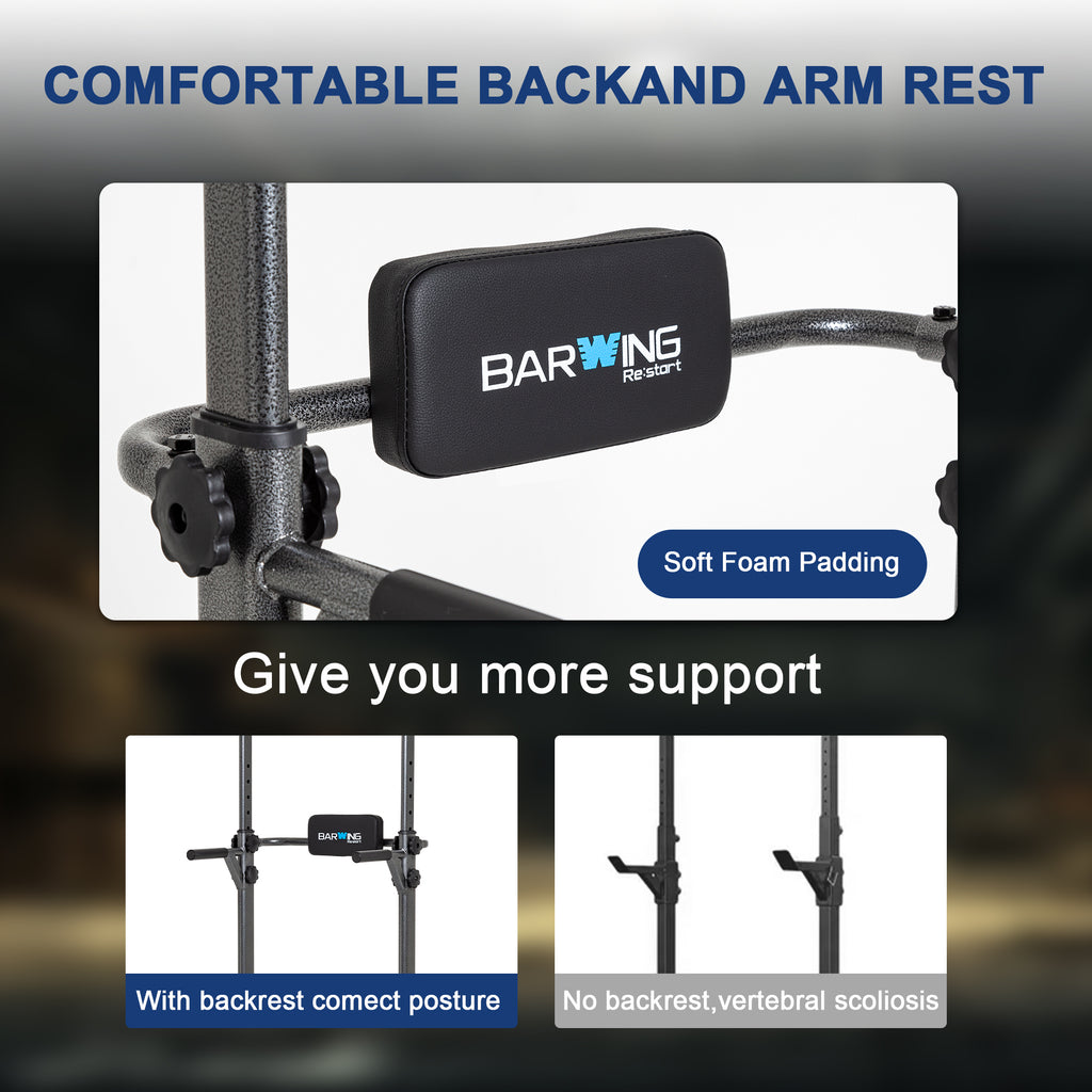 BARWING Pull Up Bar Station, Power Tower, Dip Station with 3D Backrest, Multi-Function Strength Training Stand Rack, Adjustable Height Dip Bar for Home Gym Workout Stand Fitness Exercise Equipment