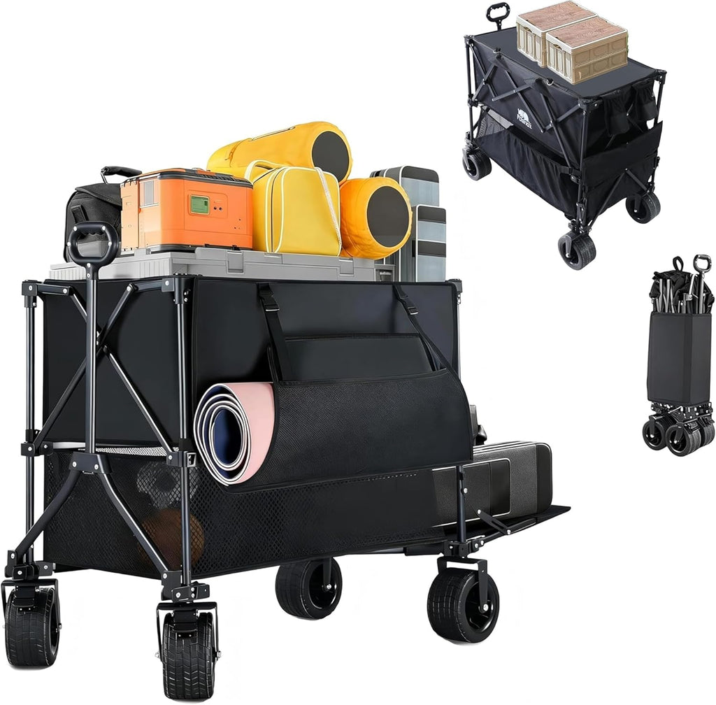 600LB Double Decker Folding Wagon Cart, 50" Extended Heavy Duty | 400L Large Storage, Extra Large Double Decker Wagon, Collapsible Cart with Wheels for Camping, Fishing, Beach & Outdoor Use