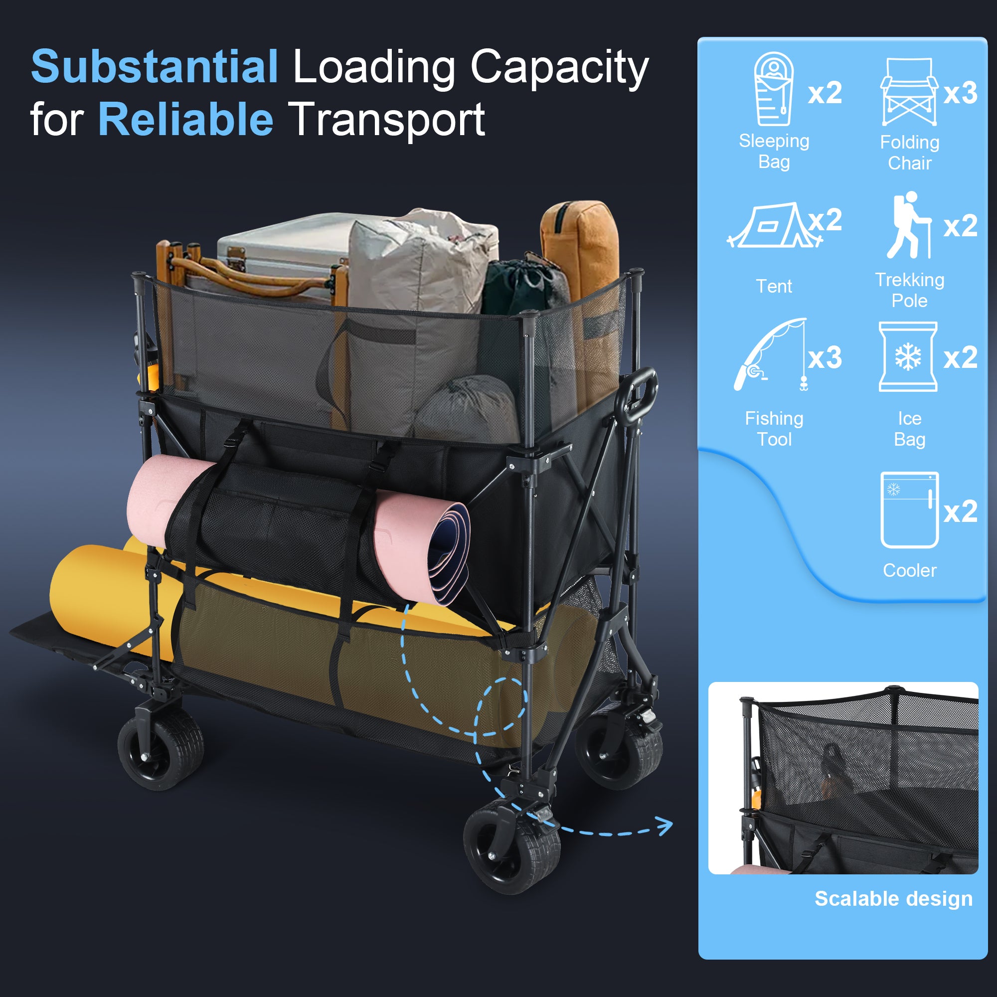 460L Folding Wagon Cart, Heavy Duty Double Decker Wagon, 600 lbs Capacity | 50" Extended Storage, Height Extension Nets & All-Terrain Wheels for Camping, Beach, Fishing and Outdoor Adventures
