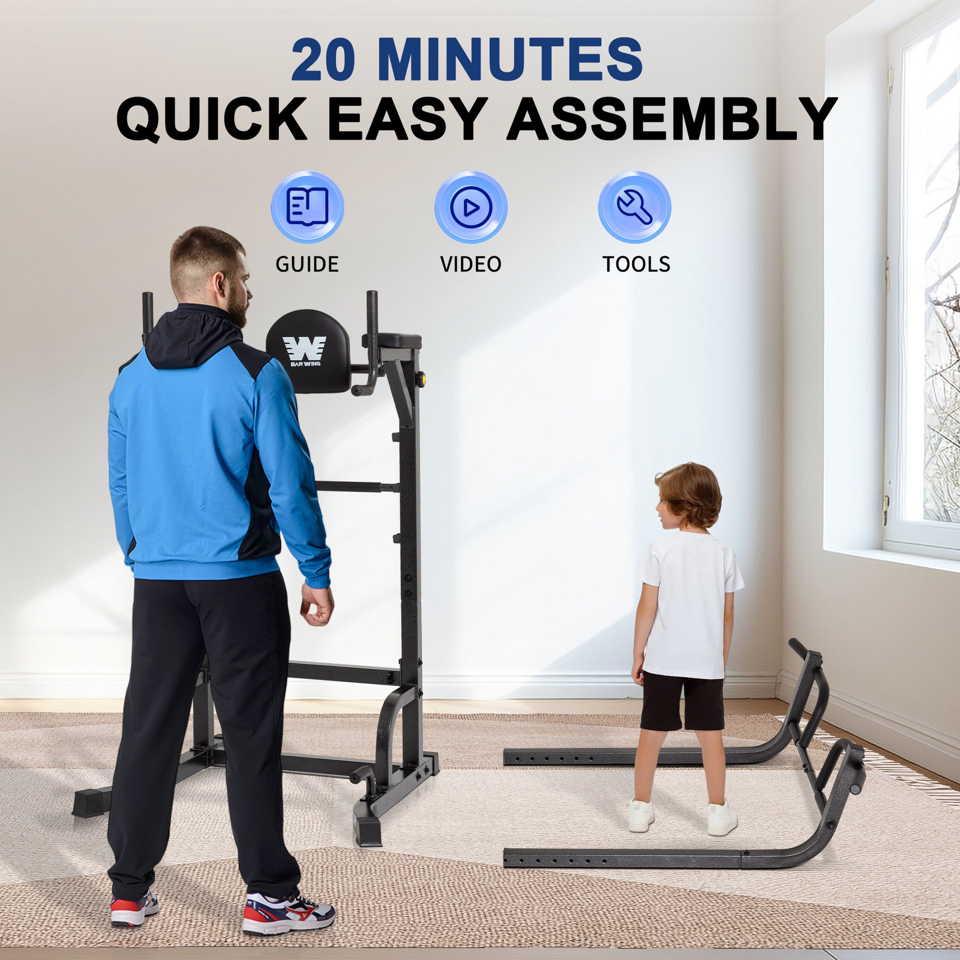 BARWING Power Tower Pull Up Bar Station Adjustable Height Dip Bar Station for Home Gym Strength Training Workout Equipment 550LBS