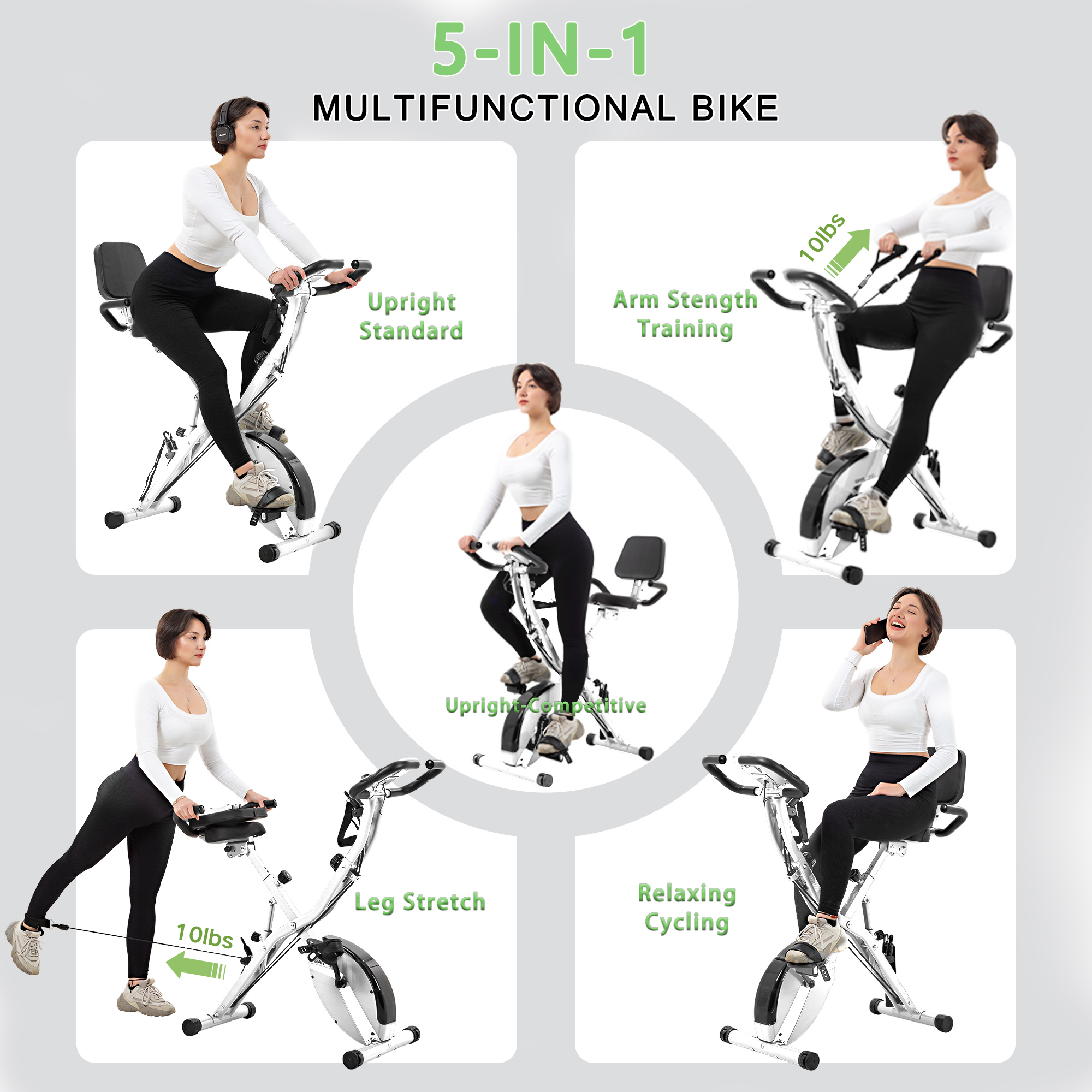 BARWING Stationary Exercise Bike for Home Workout,5 IN 1 Foldable Indoor Cycling Bike for Seniors, 350LB Capacity,