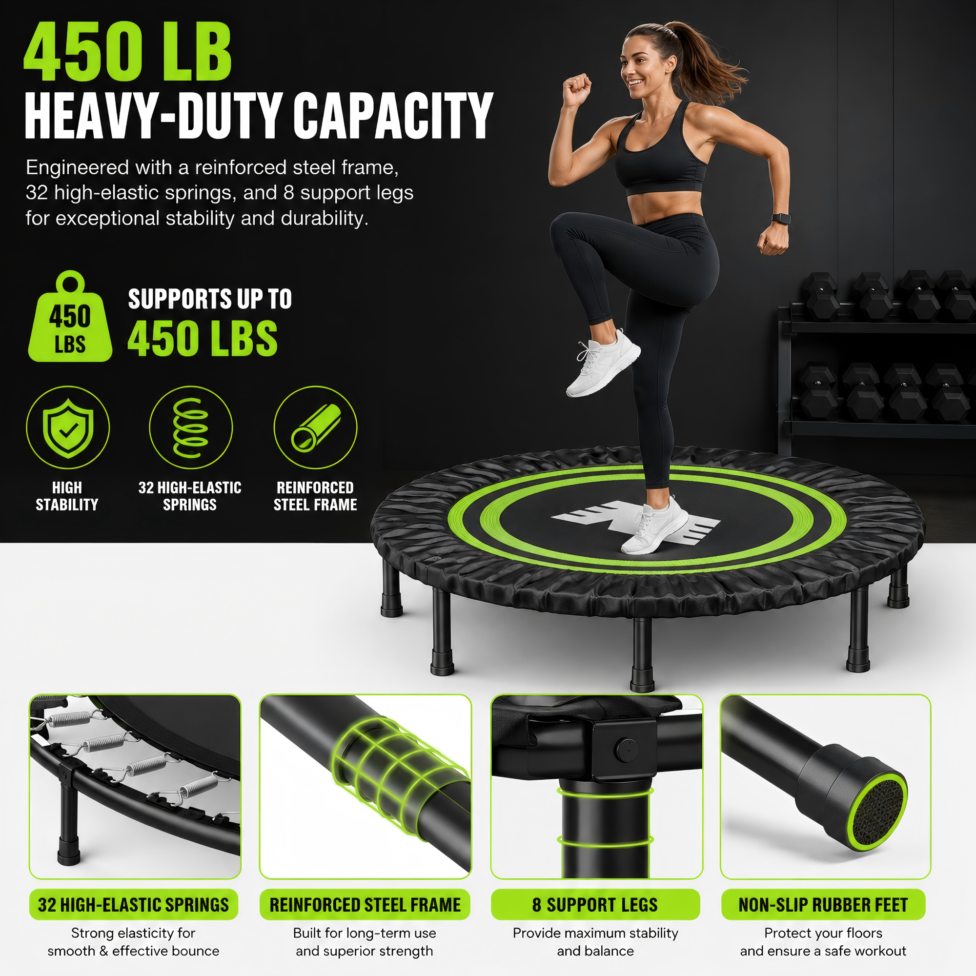 Barwing Indoor Adult Fitness Trampoline, Silent Spring Jump Bed With Handrail