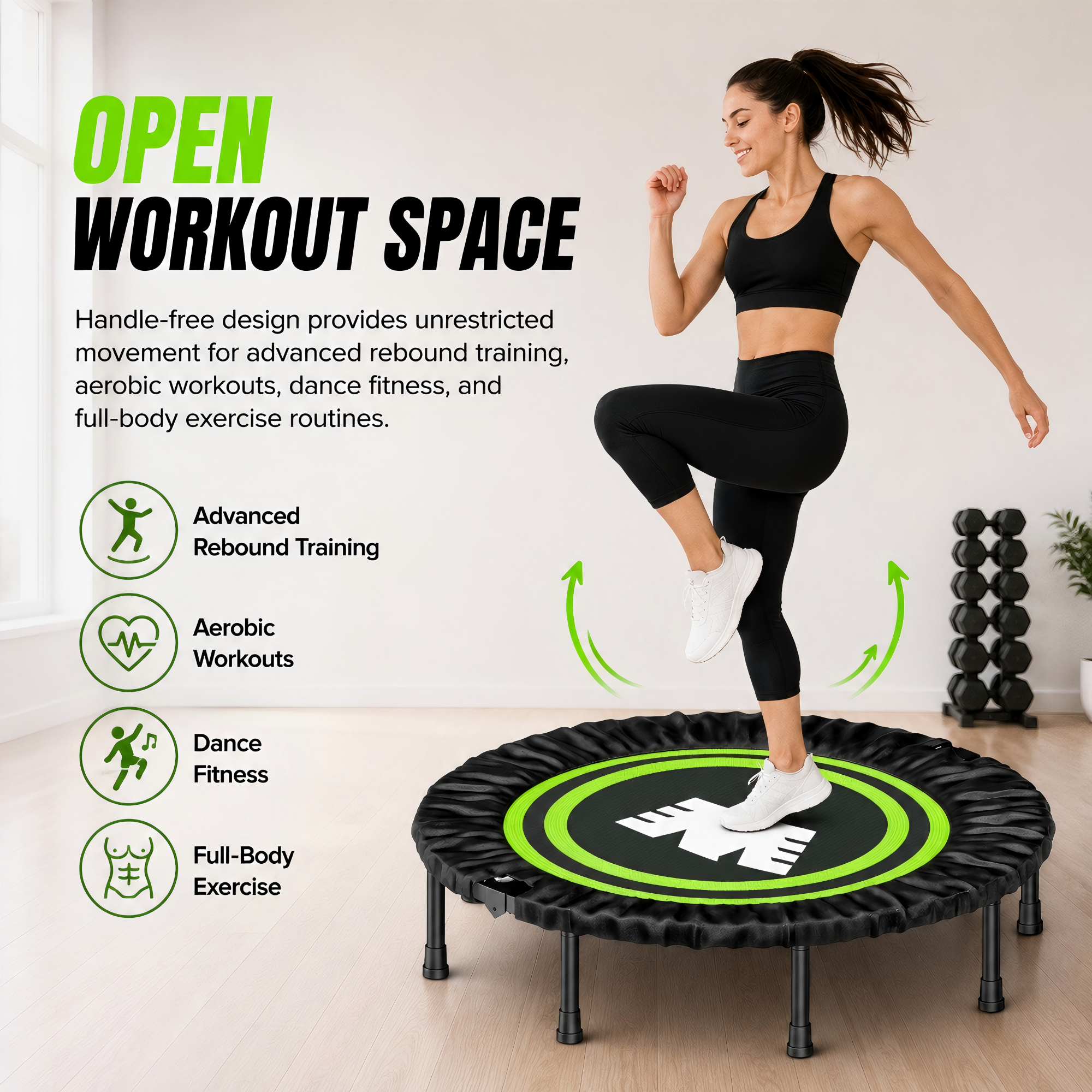 Barwing Indoor Adult Fitness Trampoline, Silent Spring Jump Bed With Handrail