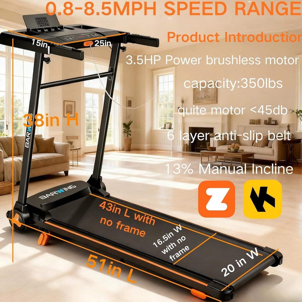 BARWING 3.5HP Folding Incline Treadmill for Home, 350 LBS Weight Capacity, 0.5-8.5 MPH Quiet Motor, LED Display, Heart Rate Monitor Handrails, Compact Treadmill for Home & Office Use
