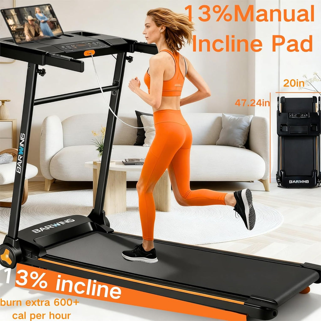 BARWING 3.5HP Folding Incline Treadmill for Home, 350 LBS Weight Capacity, 0.5-8.5 MPH Quiet Motor, LED Display, Heart Rate Monitor Handrails, Compact Treadmill for Home & Office Use
