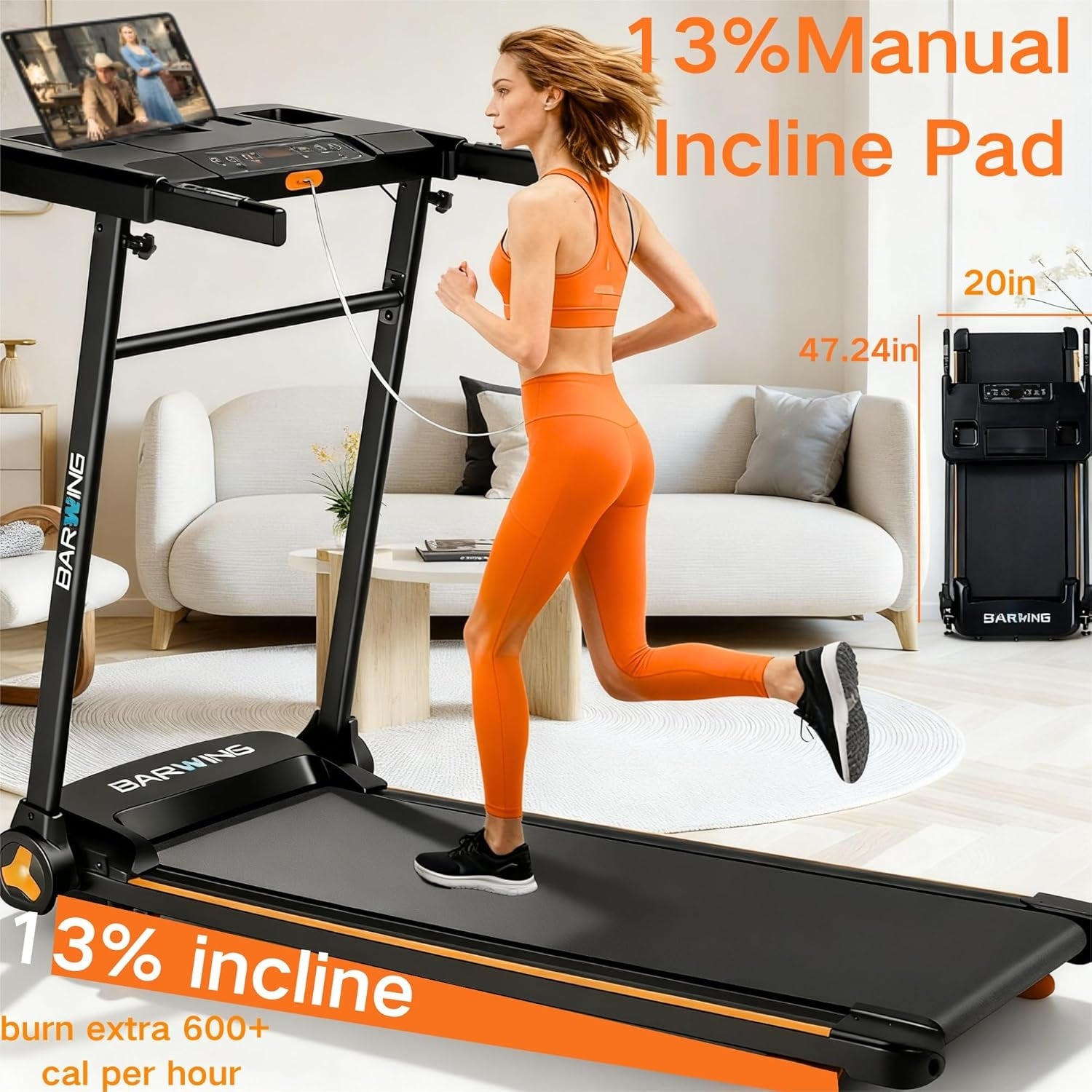 BARWING 3.5HP Folding Incline Treadmill for Home, 350 LBS Weight Capacity, 0.5-8.5 MPH Quiet Motor, LED Display, Heart Rate Monitor Handrails, Compact Treadmill for Home & Office Use