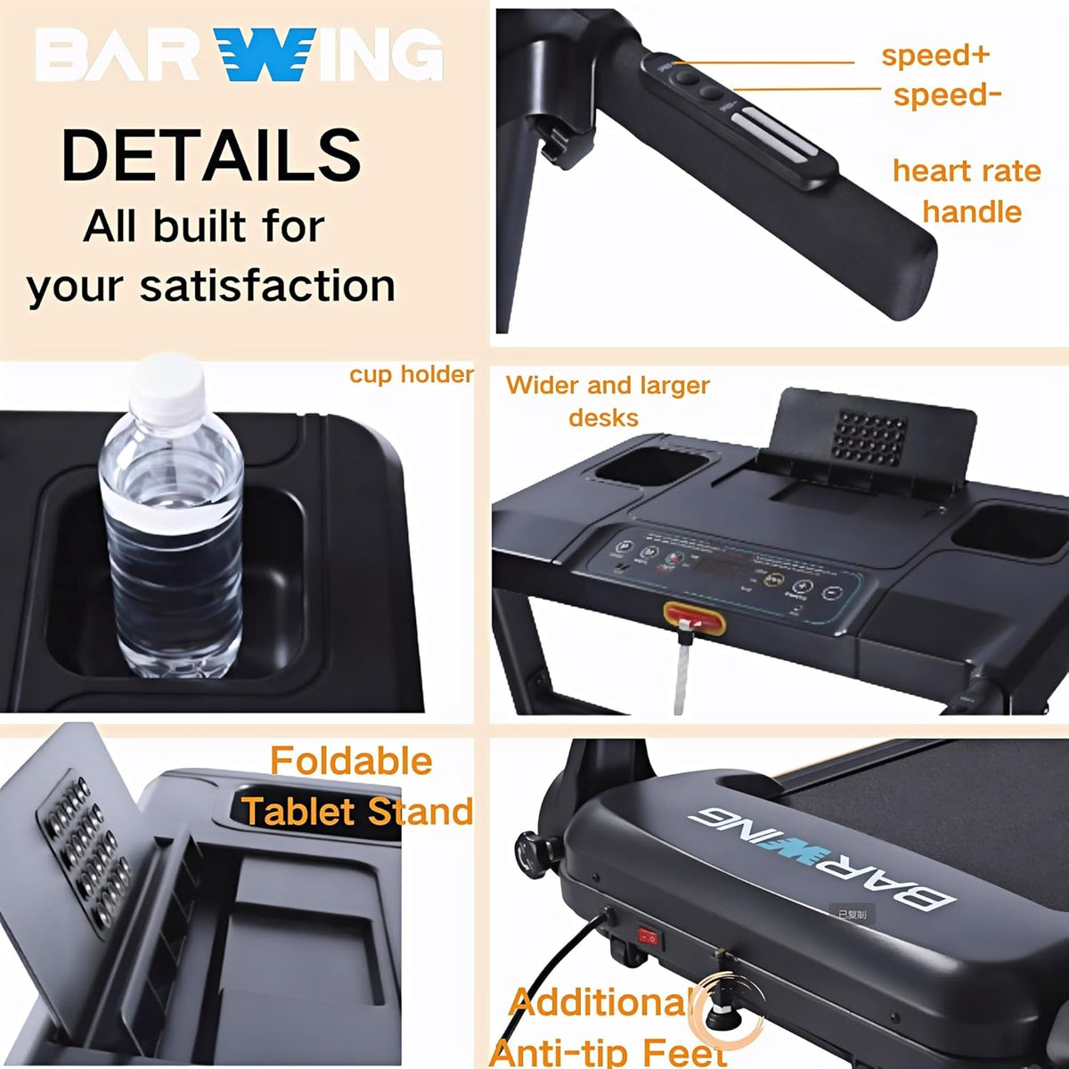 BARWING 3.5HP Folding Incline Treadmill for Home, 350 LBS Weight Capacity, 0.5-8.5 MPH Quiet Motor, LED Display, Heart Rate Monitor Handrails, Compact Treadmill for Home & Office Use